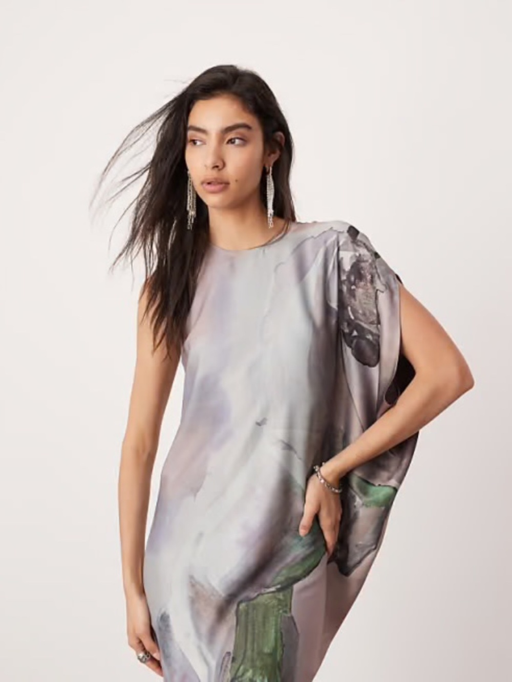 ASOS EDITION satin draped one sleeve asymmetric midi dress in oversized horse pr